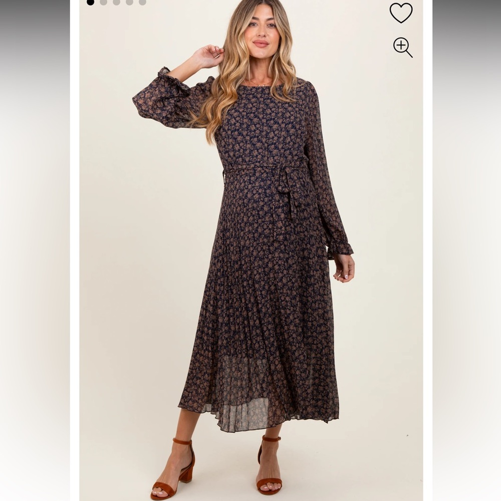 Pink Blush Maternity Navy Floral Front Tie Pleated Midi Dress